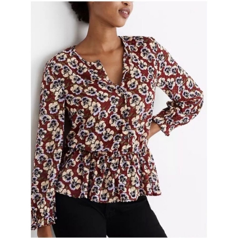 Pansy Floral Dusty Burgundy Viola Ruffle Drawstring Blouse